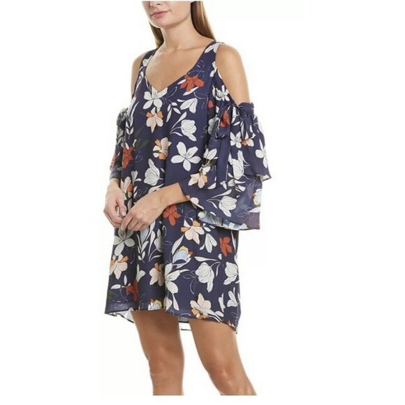 PARKER  Woman Moondance Floral V-Neck Cold‎ Shoulder Ruffle Bell Sleeve Dress S - Picture 1 of 11